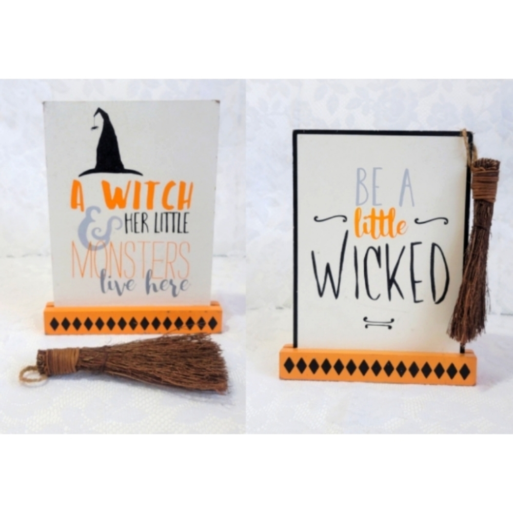 Halloween Wood Table Top Mantel Decor A Witch & Her Little Monster Live Here